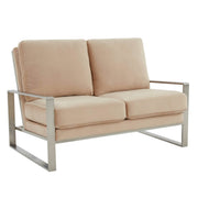 Jefferson Contemporary Velvet/Leather Loveseat with Stainless Steel Frame Velvet Silver Beige Sofa Leisuremod