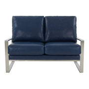 Jefferson Contemporary Velvet/Leather Loveseat with Stainless Steel Frame Leather Silver Navy Blue Sofa Leisuremod