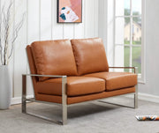Jefferson Contemporary Velvet/Leather Loveseat with Stainless Steel Frame Leather Gold White Sofa Leisuremod