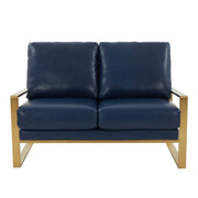 Jefferson Contemporary Velvet/Leather Loveseat with Stainless Steel Frame Leather Gold Grey Sofa Leisuremod