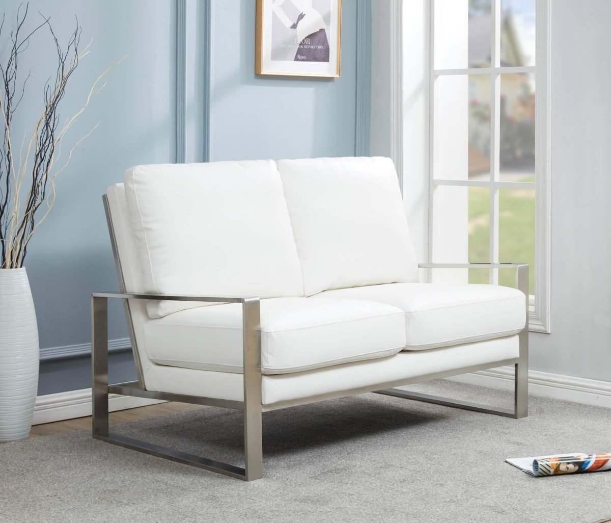 Jefferson Contemporary Velvet/Leather Loveseat with Stainless Steel Frame Leather Silver Navy Blue Sofa Leisuremod