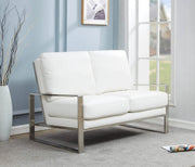 Jefferson Contemporary Velvet/Leather Loveseat with Stainless Steel Frame Leather Silver Navy Blue Sofa Leisuremod