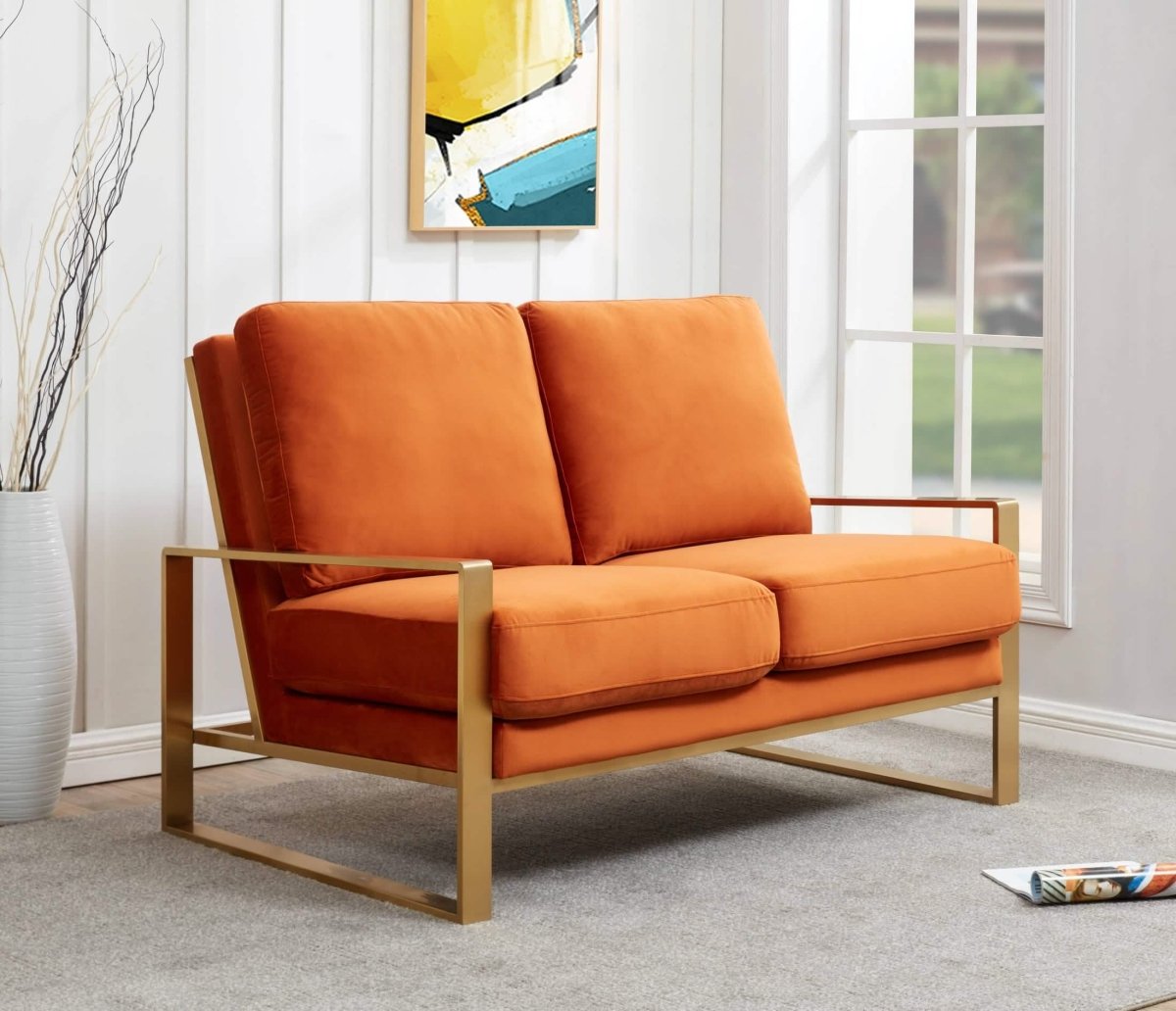 Jefferson Contemporary Velvet/Leather Loveseat with Stainless Steel Frame Silver Black Sofa Leisuremod
