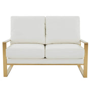 Jefferson Contemporary Velvet/Leather Loveseat with Stainless Steel Frame Leather Gold White Sofa Leisuremod