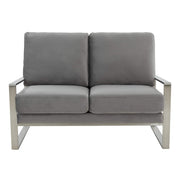 Jefferson Contemporary Velvet/Leather Loveseat with Stainless Steel Frame Velvet Silver Light Grey Sofa Leisuremod