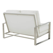 Jefferson Contemporary Velvet/Leather Loveseat with Stainless Steel Frame Leather Silver Navy Blue Sofa Leisuremod