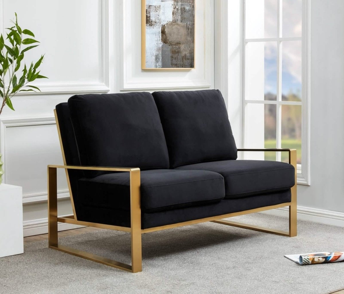 Jefferson Contemporary Velvet/Leather Loveseat with Stainless Steel Frame Velvet Gold Orange Sofa Leisuremod