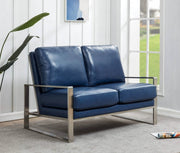 Jefferson Contemporary Velvet/Leather Loveseat with Stainless Steel Frame Leather Silver Navy Blue Sofa Leisuremod