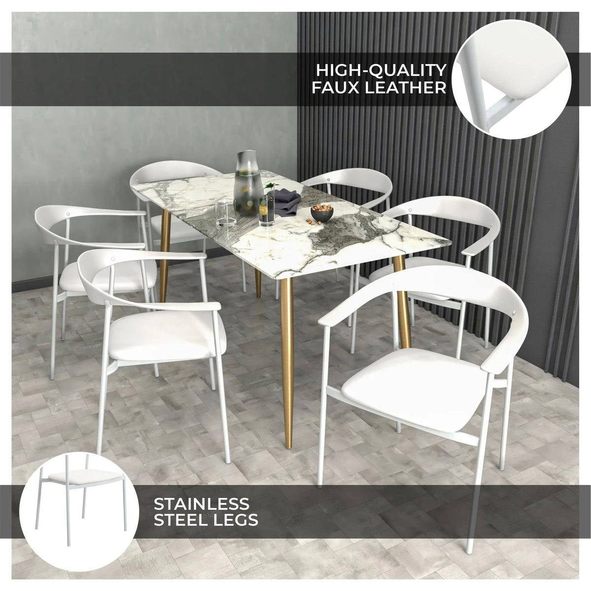 Kora Dining Chair Upholstered in Leather with Stainless Steel Frame and Legs - Elax Furniture