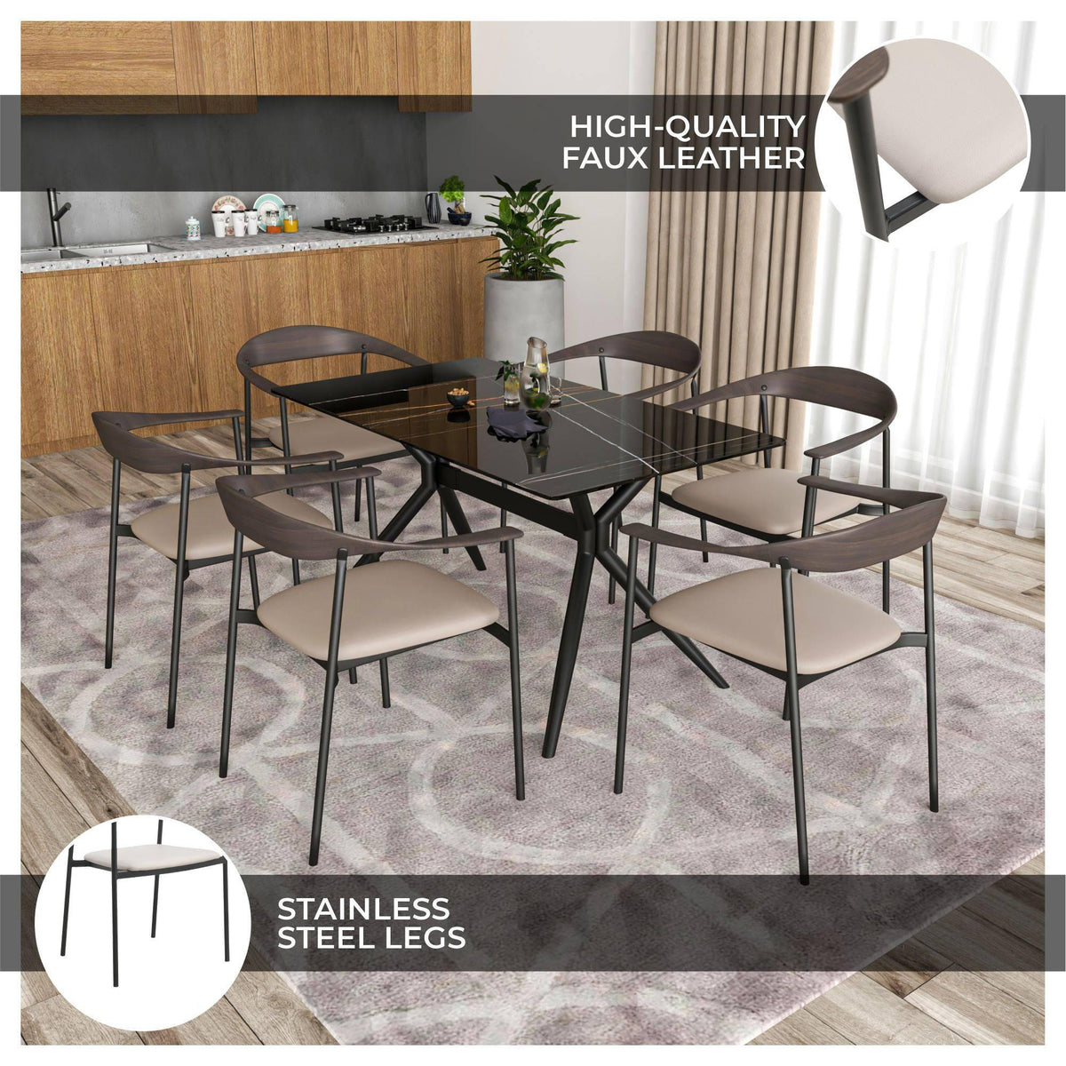 Kora Dining Chair Upholstered in Leather with Stainless Steel Frame and Legs - Elax Furniture