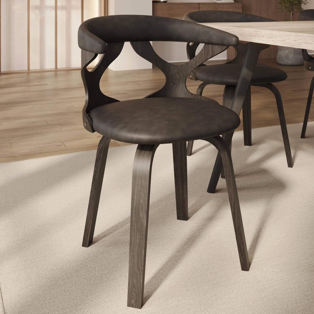 Klyne Modern Wooden Dining Chair Upholstered in Leather With Walnut Color Frame Dark Walnut Brown Dining Chair Leisuremod