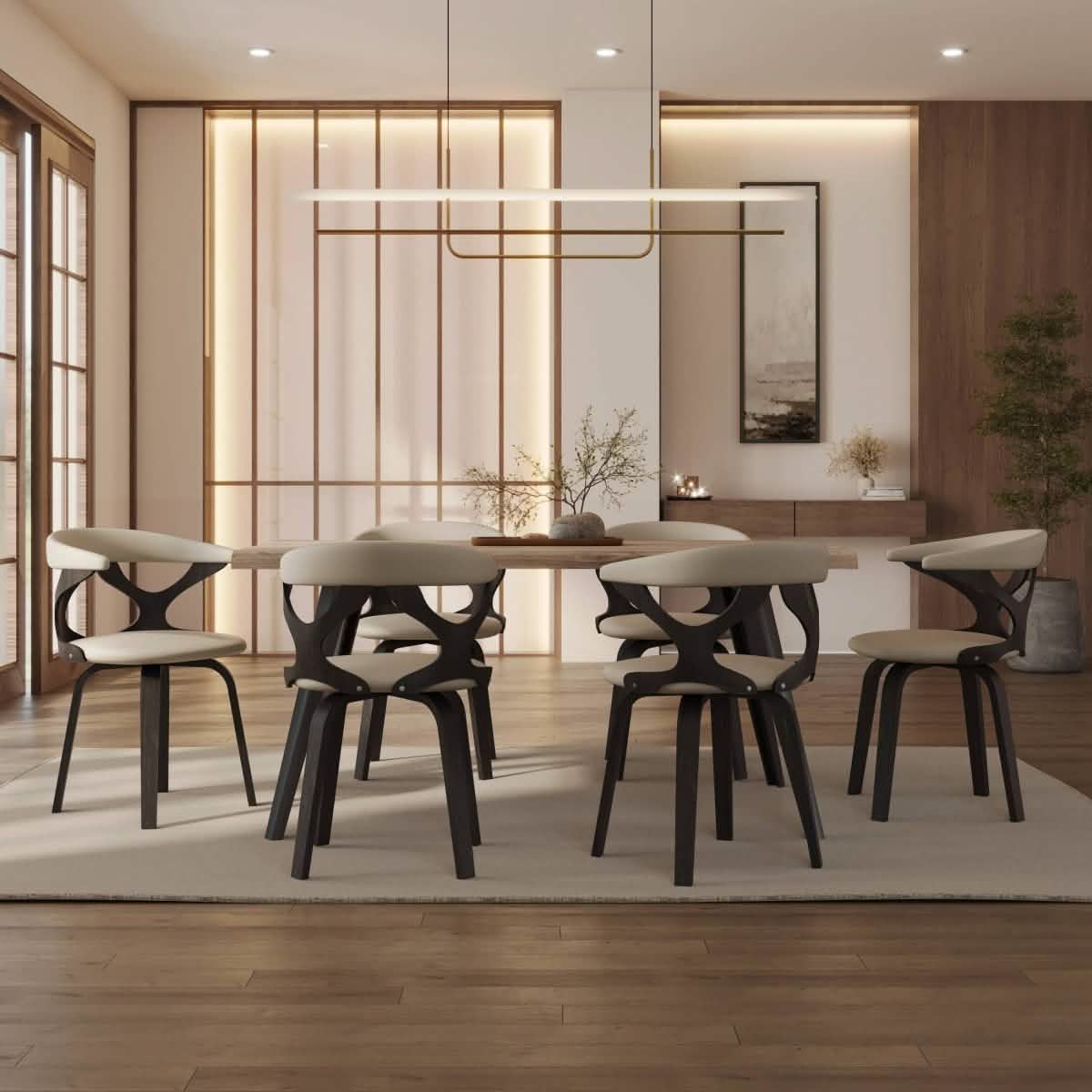 Klyne Modern Wooden Dining Chair Upholstered in Leather With Walnut Color Frame Dark Walnut Taupe Dining Chair Leisuremod