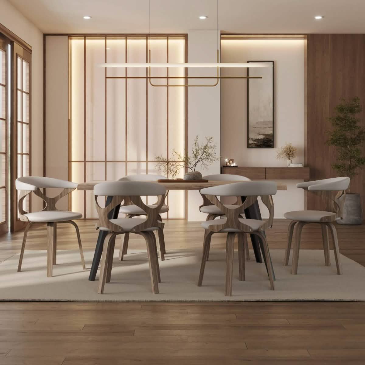 Klyne Modern Wooden Dining Chair Upholstered in Leather With Walnut Color Frame Washed Walnut Light-Grey Dining Chair Leisuremod