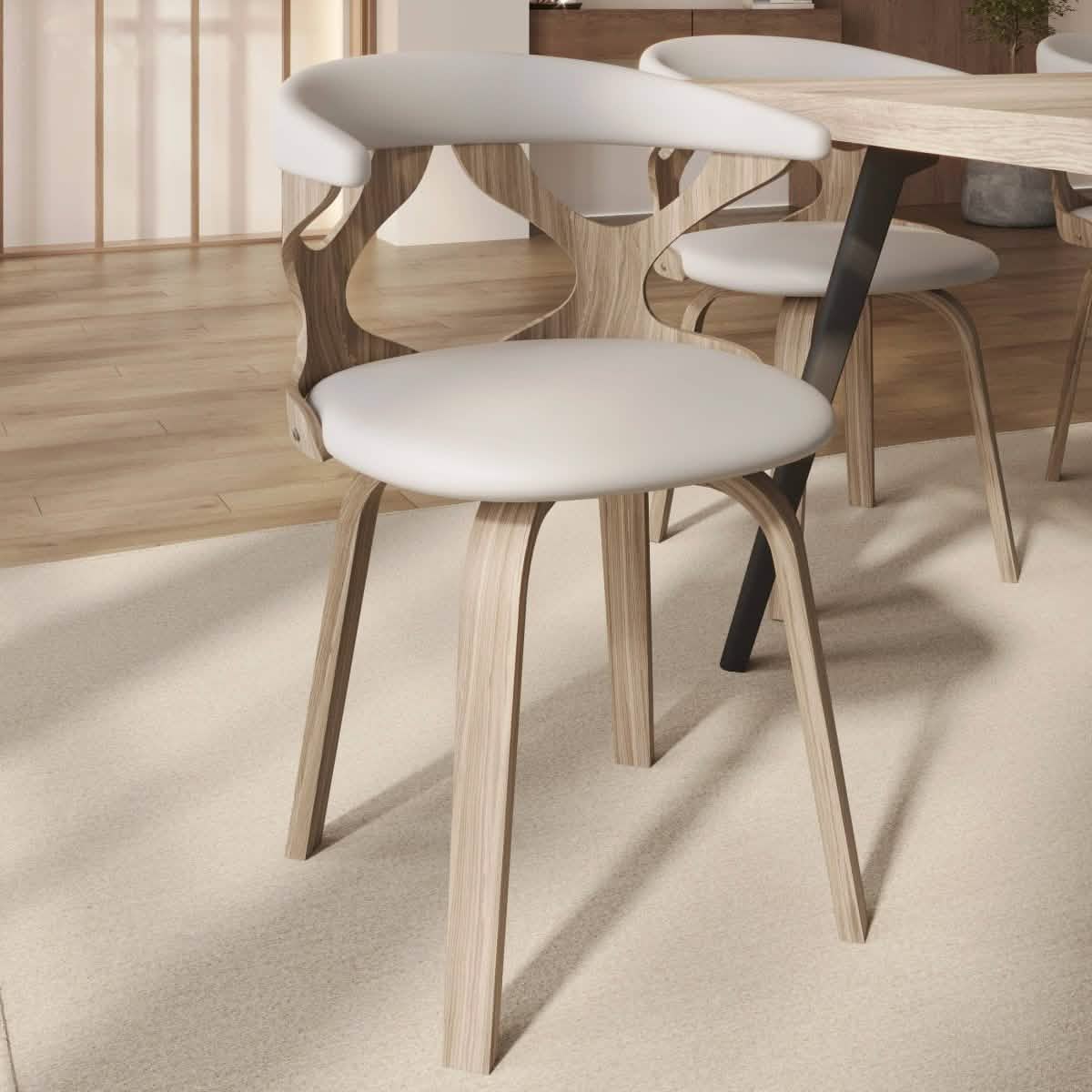 Klyne Modern Wooden Dining Chair Upholstered in Leather With Walnut Color Frame Washed Walnut Light-Grey Dining Chair Leisuremod