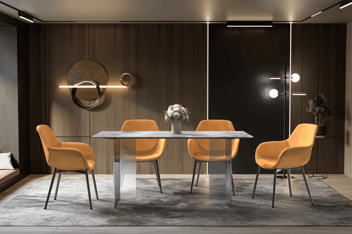 Kova Rectangular Dining Table with Sintered Stone/Glass Top and Acrylic Base Legs Sintered Stone Light Grey Dining Table Leisuremod