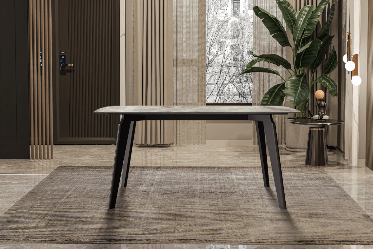 Krevor Modern Dining Table with Rectangular Stone/Glass Wide Tabletop with Black Steel Legs Sintered Stone White Grey Dining Table Leisuremod