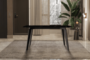 Krevor Modern Dining Table with Rectangular Stone/Glass Wide Tabletop with Black Steel Legs Sintered Stone Black and Gold Dining Table Leisuremod