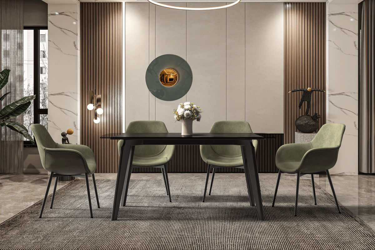 Krevor Modern Dining Table with Rectangular Stone/Glass Wide Tabletop with Black Steel Legs Sintered Stone White Grey Dining Table Leisuremod