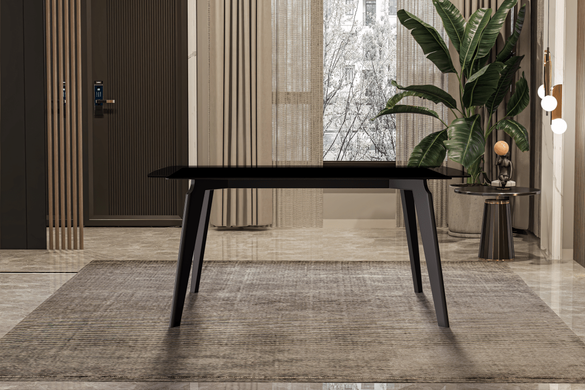 Krevor Modern Dining Table with Rectangular Stone/Glass Wide Tabletop with Black Steel Legs Glass 55 Inches Wide Black Dining Table Leisuremod