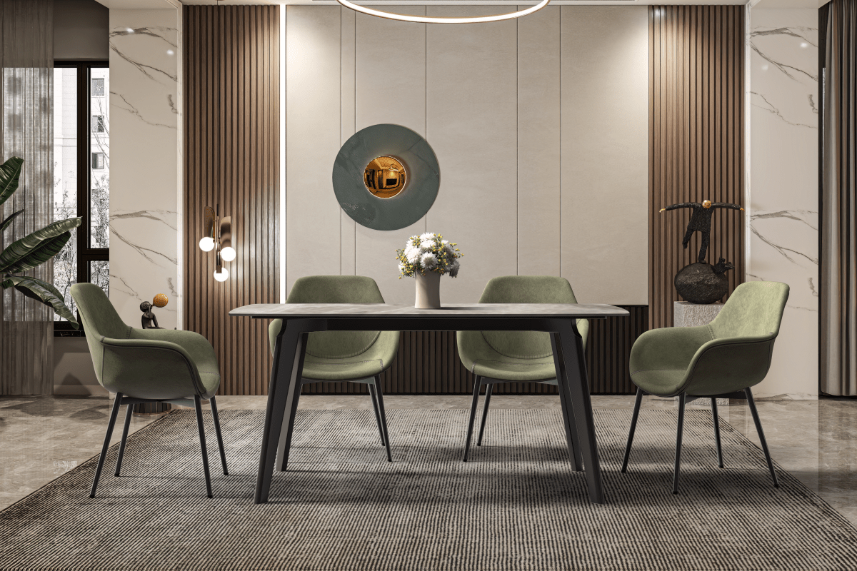 Krevor Modern Dining Table with Rectangular Stone/Glass Wide Tabletop with Black Steel Legs Sintered Stone White Grey Dining Table Leisuremod