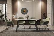 Krevor Modern Dining Table with Rectangular Stone/Glass Wide Tabletop with Black Steel Legs Sintered Stone White Grey Dining Table Leisuremod