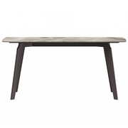 Krevor Modern Dining Table with Rectangular Stone/Glass Wide Tabletop with Black Steel Legs Sintered Stone White Grey Dining Table Leisuremod
