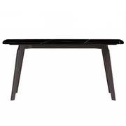 Krevor Modern Dining Table with Rectangular Stone/Glass Wide Tabletop with Black Steel Legs Sintered Stone Black and Gold Dining Table Leisuremod