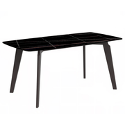 Krevor Modern Dining Table with Rectangular Stone/Glass Wide Tabletop with Black Steel Legs Sintered Stone Black and Gold Dining Table Leisuremod