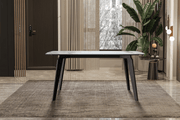 Krevor Modern Dining Table with Rectangular Stone/Glass Wide Tabletop with Black Steel Legs Sintered Stone White Dining Table Leisuremod