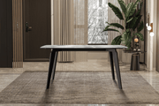 Krevor Modern Dining Table with Rectangular Stone/Glass Wide Tabletop with Black Steel Legs Sintered Stone 55 Inches Wide Light Grey Dining Table Leisuremod