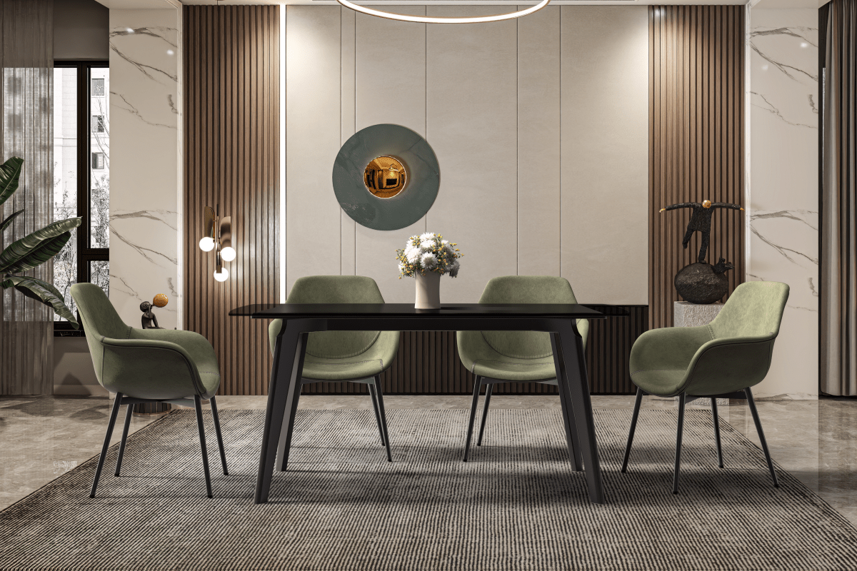 Krevor Modern Dining Table with Rectangular Stone/Glass Wide Tabletop with Black Steel Legs Glass 55 Inches Wide Black Dining Table Leisuremod