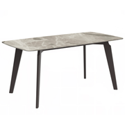 Krevor Modern Dining Table with Rectangular Stone/Glass Wide Tabletop with Black Steel Legs Sintered Stone White Grey Dining Table Leisuremod