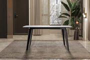 Krevor Modern Dining Table with Rectangular Stone/Glass Wide Tabletop with Black Steel Legs Sintered Stone White Dining Table Leisuremod