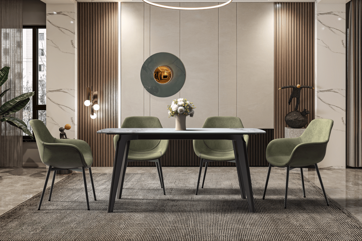 Krevor Modern Dining Table with Rectangular Stone/Glass Wide Tabletop with Black Steel Legs Sintered Stone White Dining Table Leisuremod