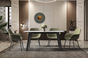 Krevor Modern Dining Table with Rectangular Stone/Glass Wide Tabletop with Black Steel Legs Sintered Stone White Dining Table Leisuremod