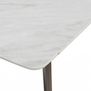 Krevor Modern Dining Table with Rectangular Stone/Glass Wide Tabletop with Black Steel Legs Sintered Stone White Dining Table Leisuremod