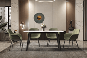 Krevor Modern Dining Table with Rectangular Stone/Glass Wide Tabletop with Black Steel Legs Sintered Stone White and Gold Dining Table Leisuremod