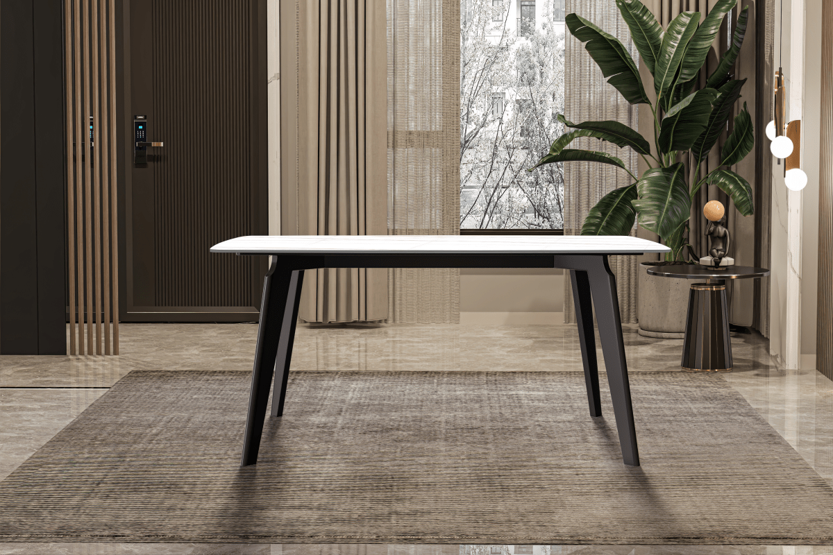 Krevor Modern Dining Table with Rectangular Stone/Glass Wide Tabletop with Black Steel Legs Sintered Stone White and Gold Dining Table Leisuremod