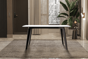 Krevor Modern Dining Table with Rectangular Stone/Glass Wide Tabletop with Black Steel Legs Sintered Stone White and Gold Dining Table Leisuremod