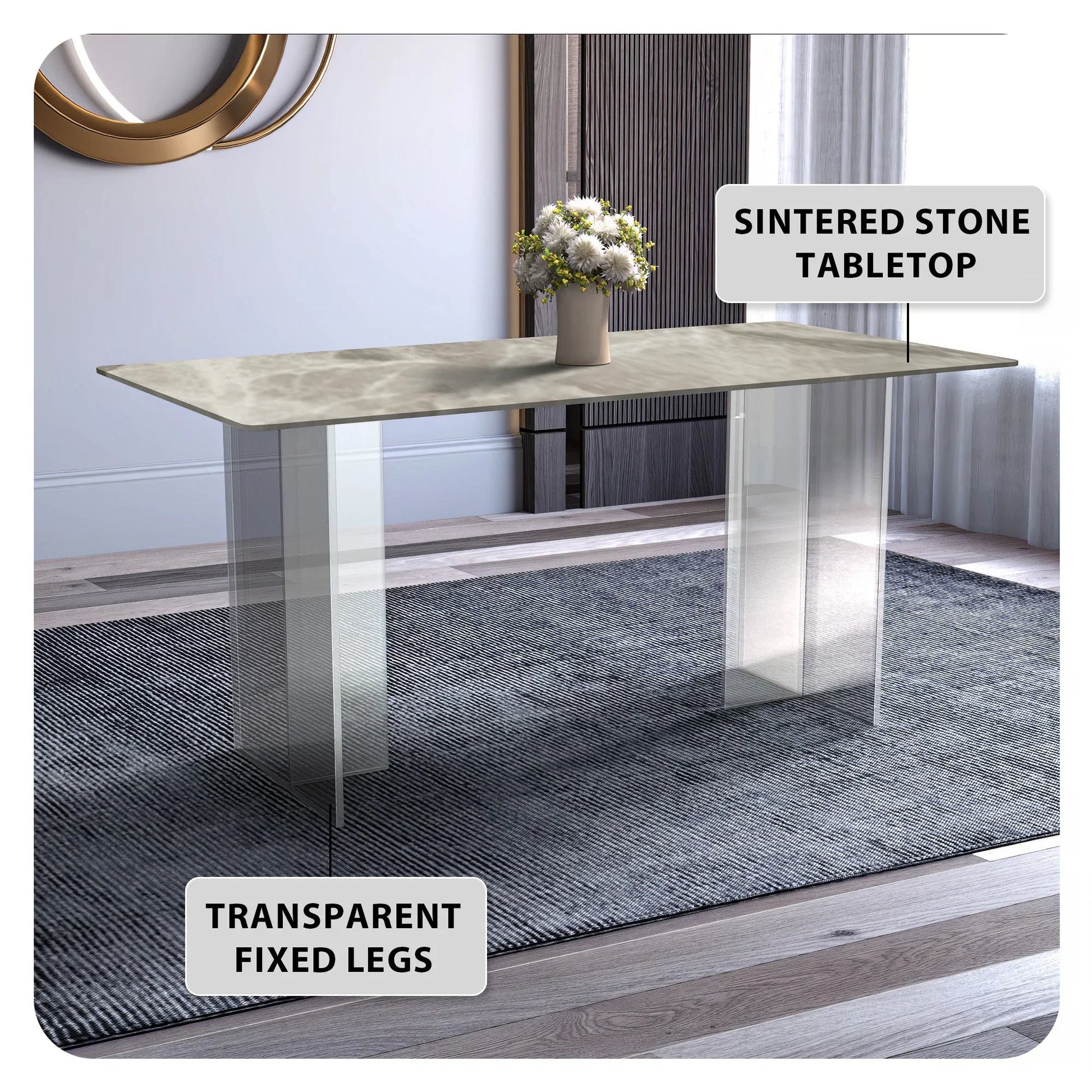 Kova Rectangular Dining Table with Sintered Stone or Glass Top and Acrylic Base Legs - Elax Furniture