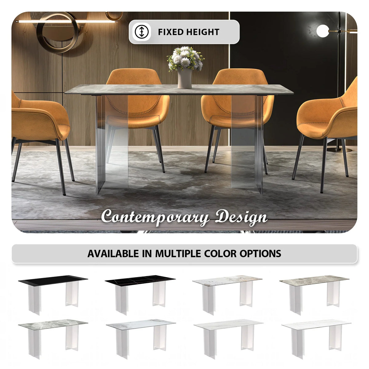 Kova Rectangular Dining Table with Sintered Stone or Glass Top and Acrylic Base Legs - Elax Furniture