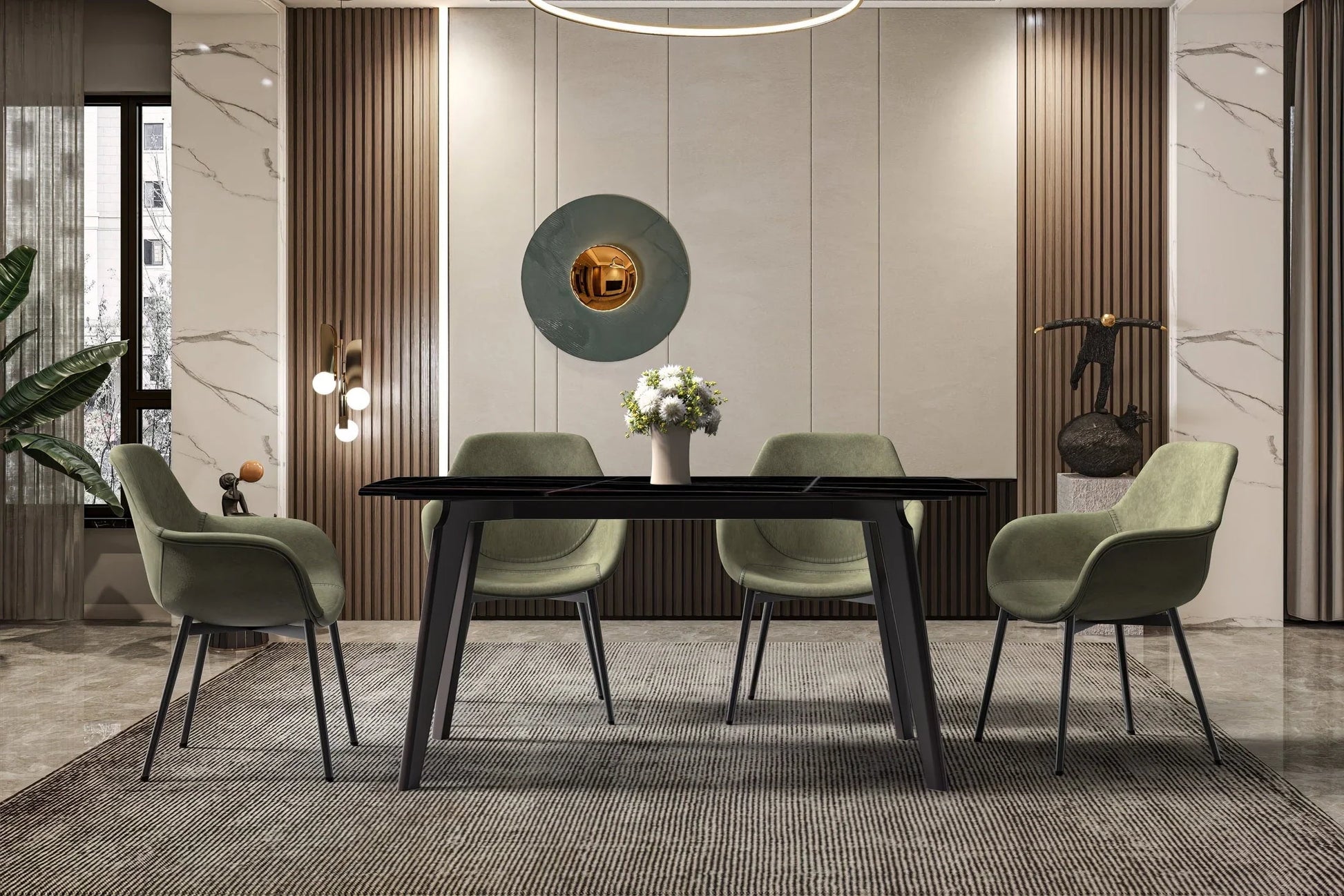 Krevor Modern Dining Table with Rectangular Stone/Glass Wide Tabletop with Black Steel Legs - Elax Furniture