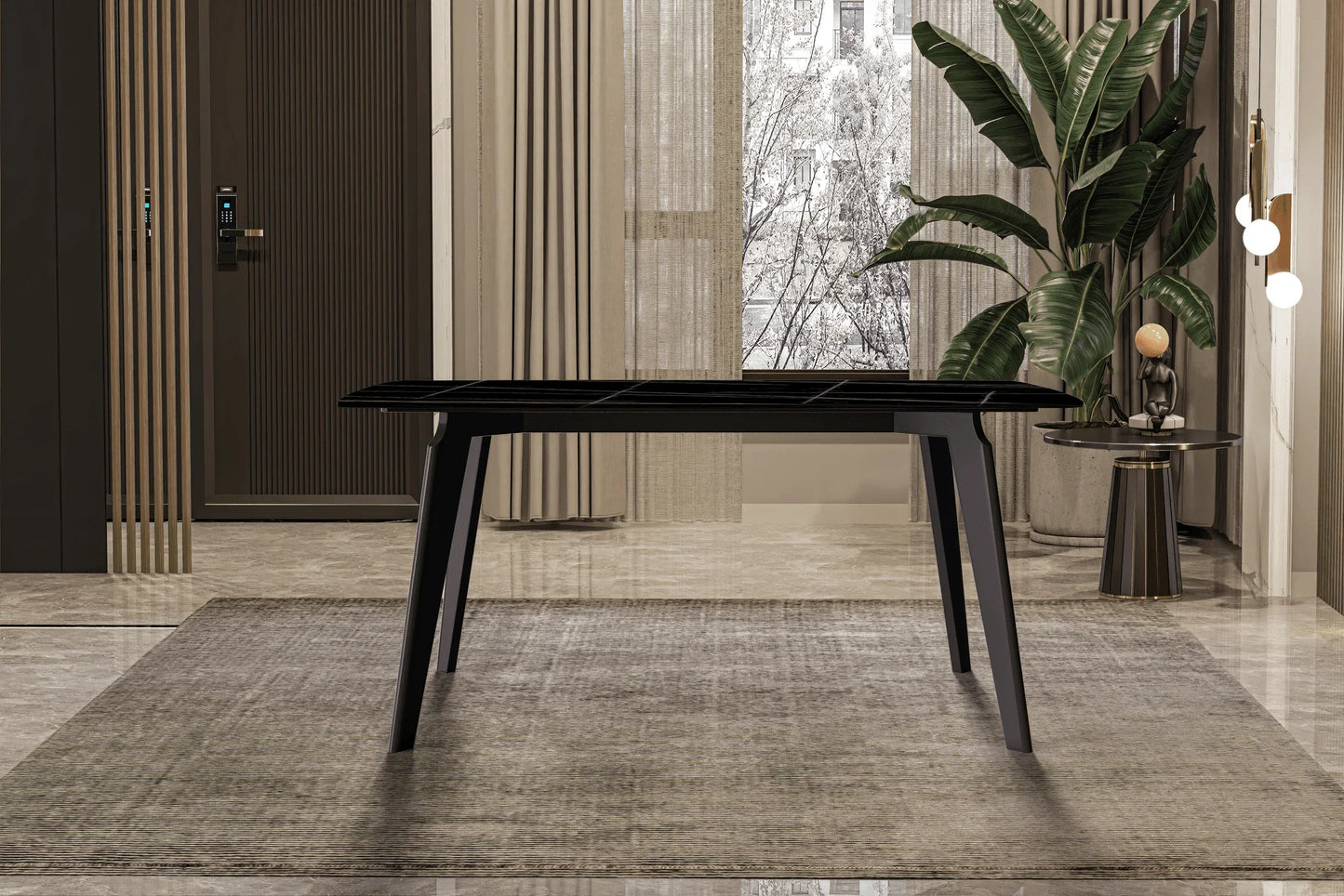 Krevor Modern Dining Table with Rectangular Stone/Glass Wide Tabletop with Black Steel Legs - Elax Furniture