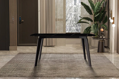 Krevor Modern Dining Table with Rectangular Stone/Glass Wide Tabletop with Black Steel Legs - Elax Furniture