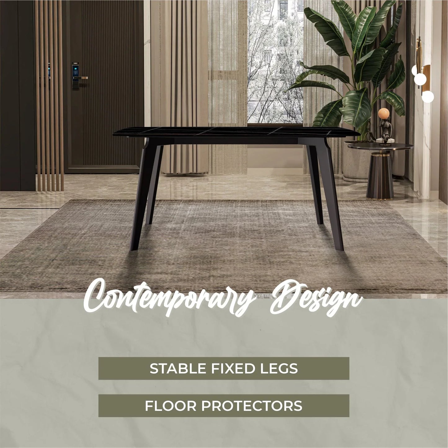 Krevor Modern Dining Table with Rectangular Stone/Glass Wide Tabletop with Black Steel Legs - Elax Furniture