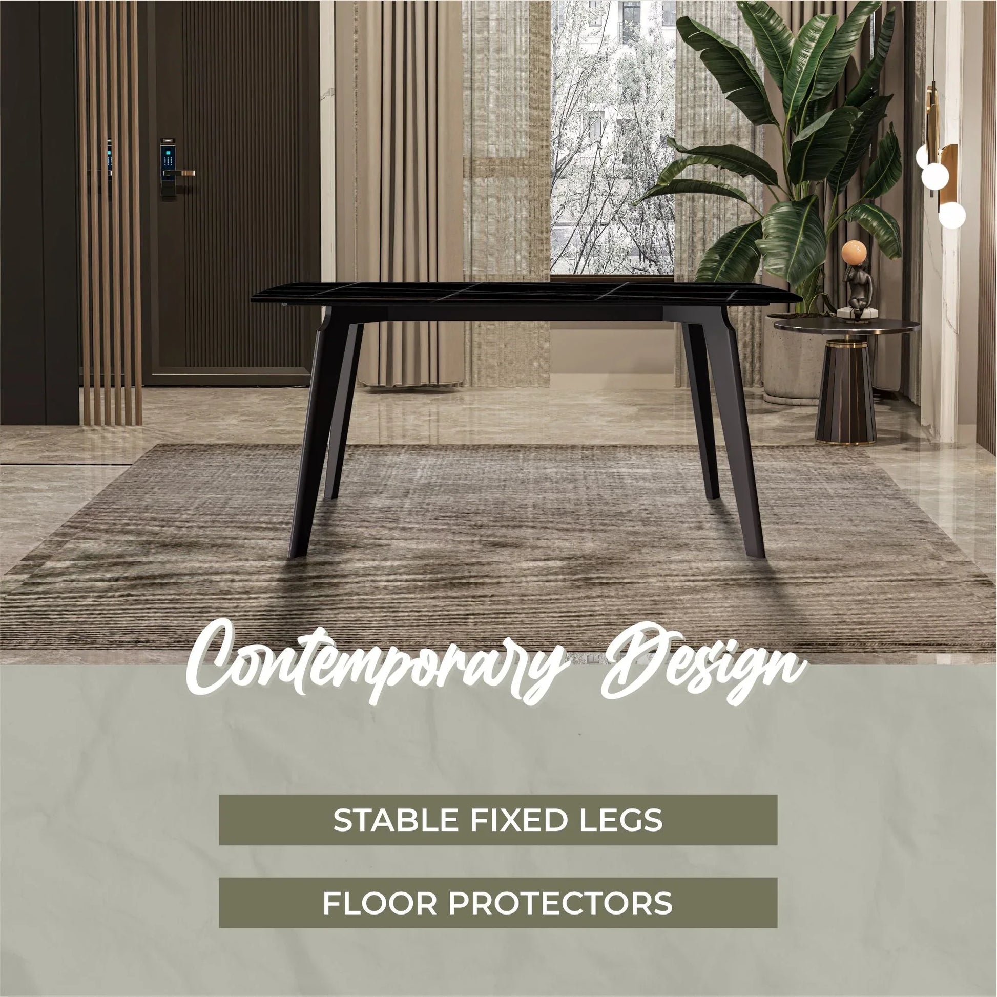 Krevor Modern Dining Table with Rectangular Stone/Glass Wide Tabletop with Black Steel Legs - Elax Furniture