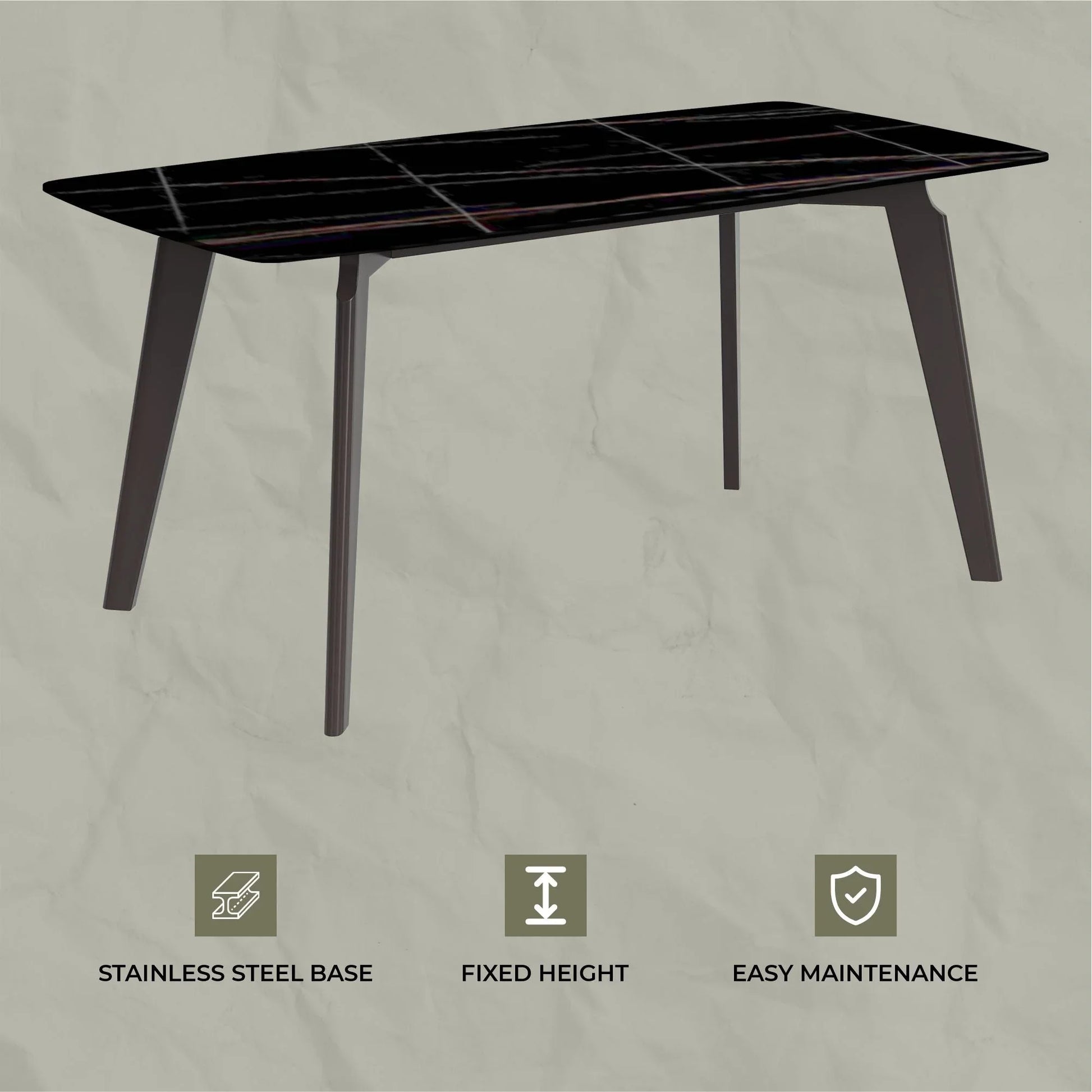 Krevor Modern Dining Table with Rectangular Stone/Glass Wide Tabletop with Black Steel Legs - Elax Furniture