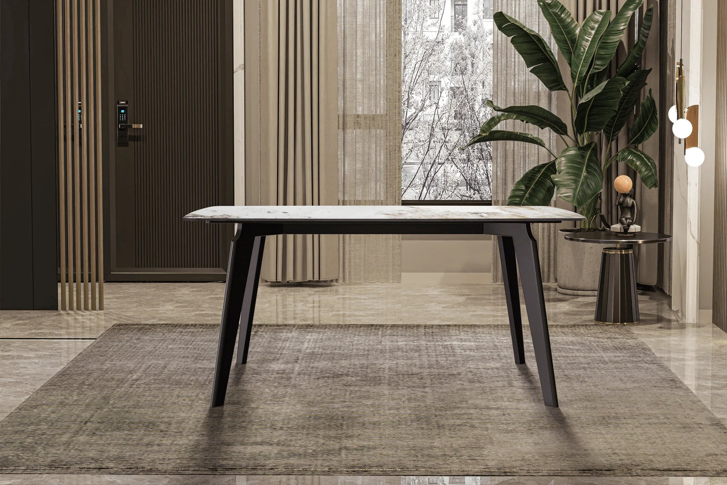 Krevor Modern Dining Table with Rectangular Stone/Glass Wide Tabletop with Black Steel Legs - Elax Furniture