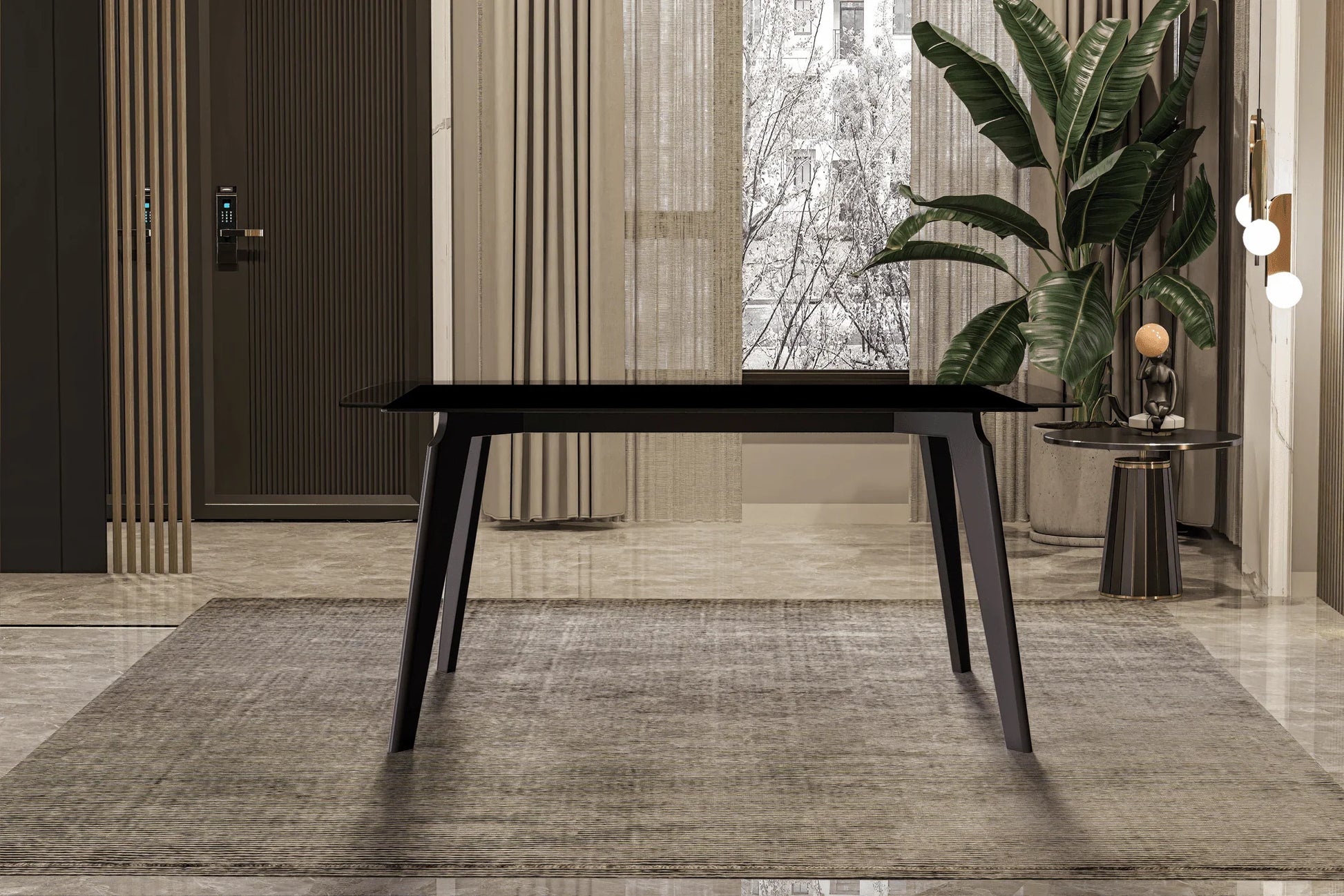 Krevor Modern Dining Table with Rectangular Stone/Glass Wide Tabletop with Black Steel Legs - Elax Furniture
