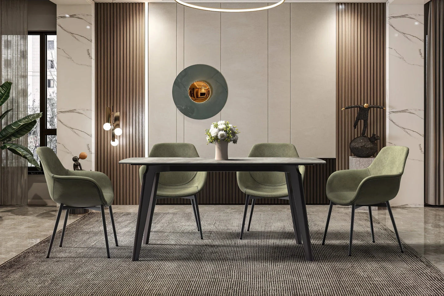 Krevor Modern Dining Table with Rectangular Stone/Glass Wide Tabletop with Black Steel Legs - Elax Furniture